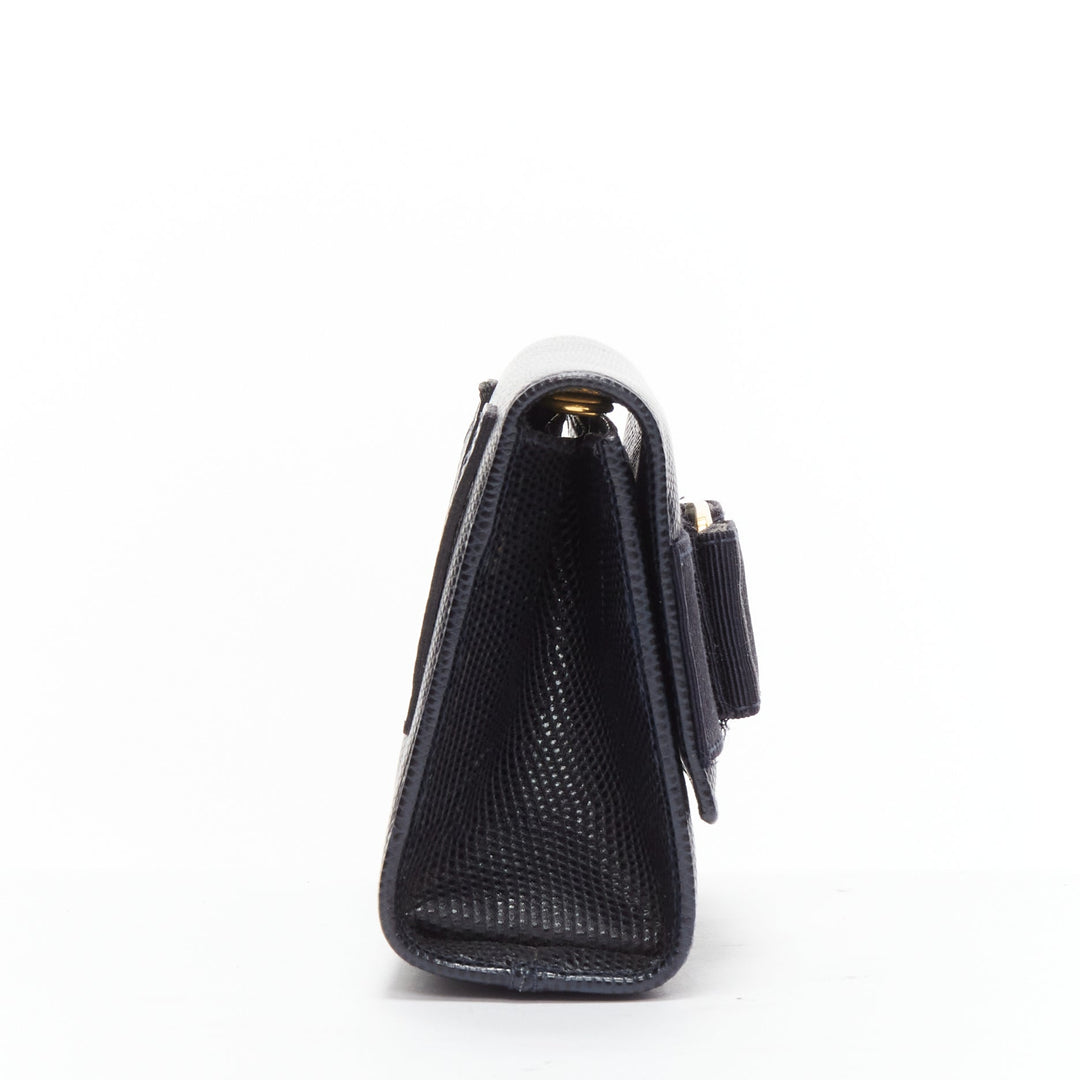 SALVATORE FERRAGAMO Vara Bow black scaled leather gold chain shoulder waist bag