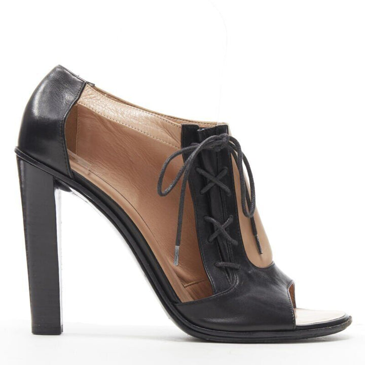 OLD CELINE Phoebe Philo black nude leather lace open side peep toe bootie EU40.5