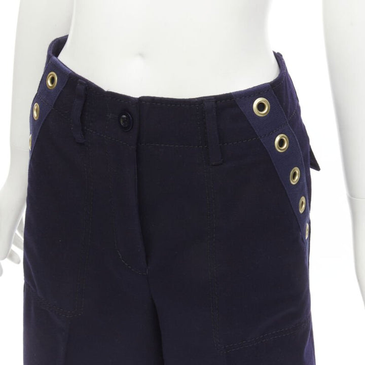 SACAI 2016 navy wool gold grommet stud trim wide leg culotte pants JP2 M