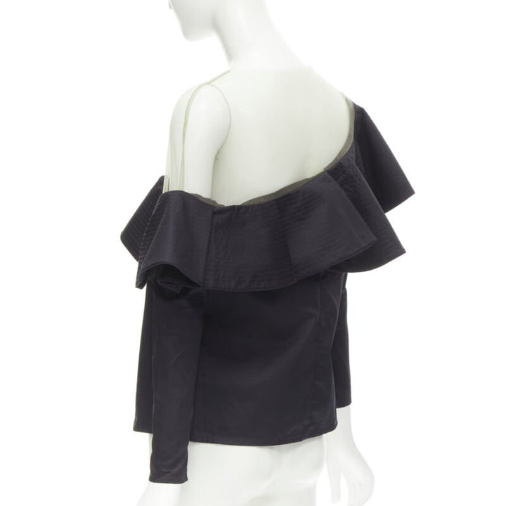 JOHANNA ORTIZ Lazarote black cotton mesh yoke ruffle off shoulder top US2 XS