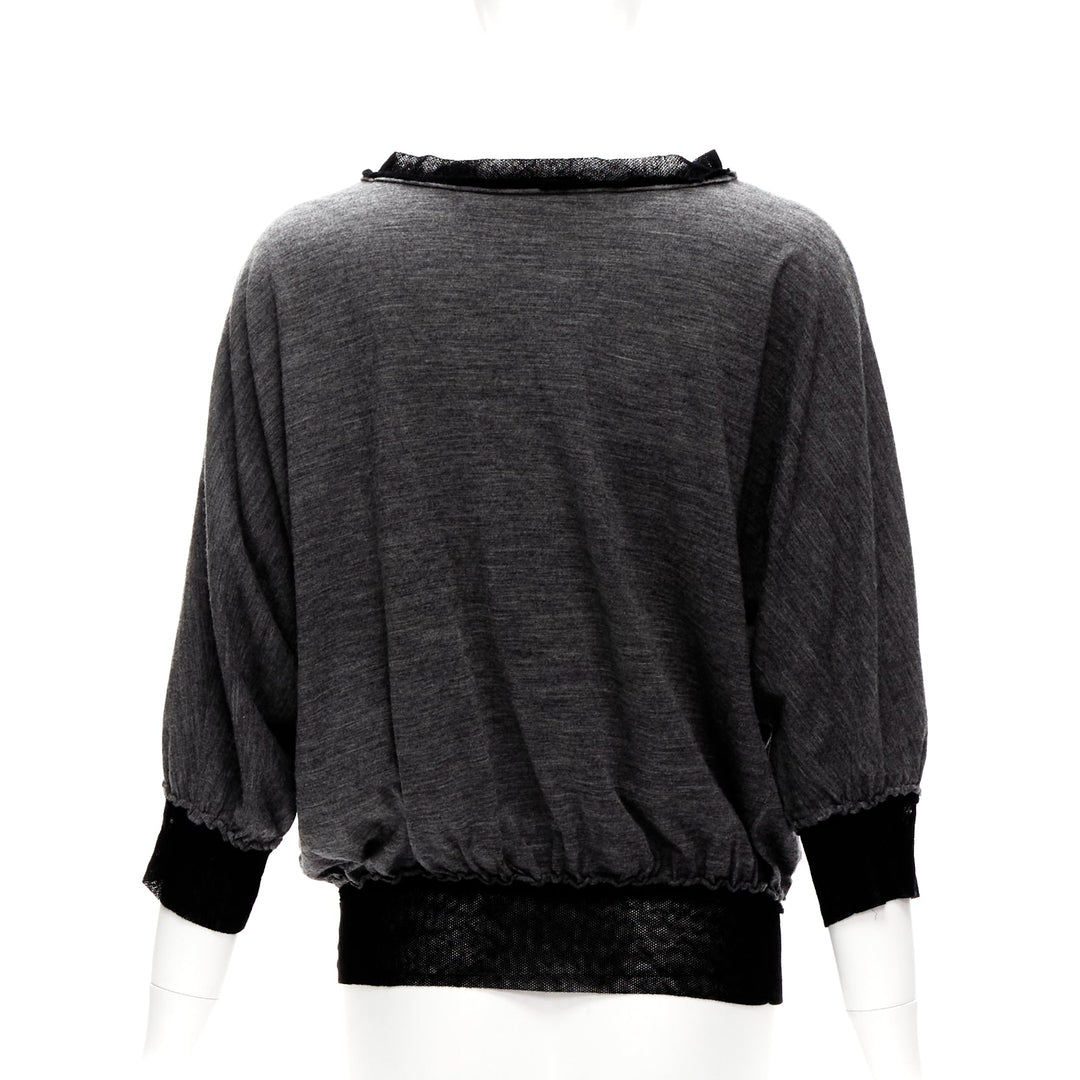 LANVIN 2005 grey wool cashmere mesh trim bateau batwing sweater FR38 M