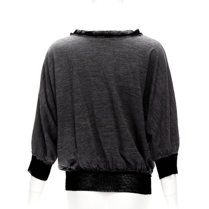 LANVIN 2005 grey wool cashmere mesh trim bateau batwing sweater FR38 M