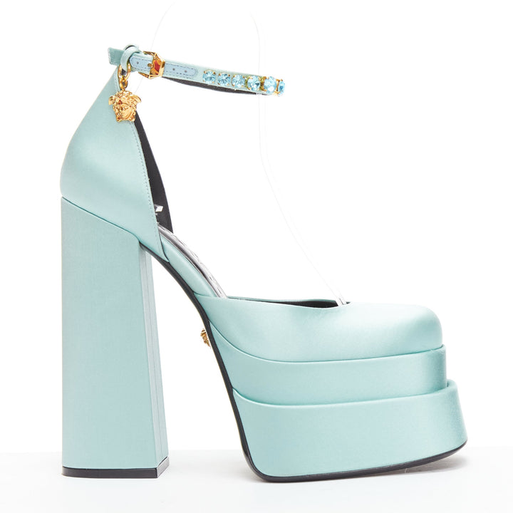 VERSACE Medusa Aevitas sky blue satin Medusa charm platform heels 37.5