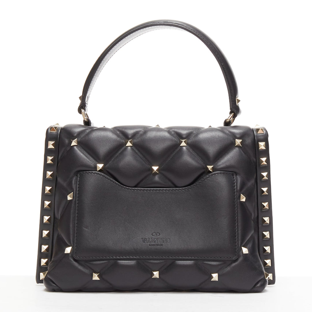 VALENTINO Candystud black nappa lambskin gold studded turnlock 2 way satchel bag