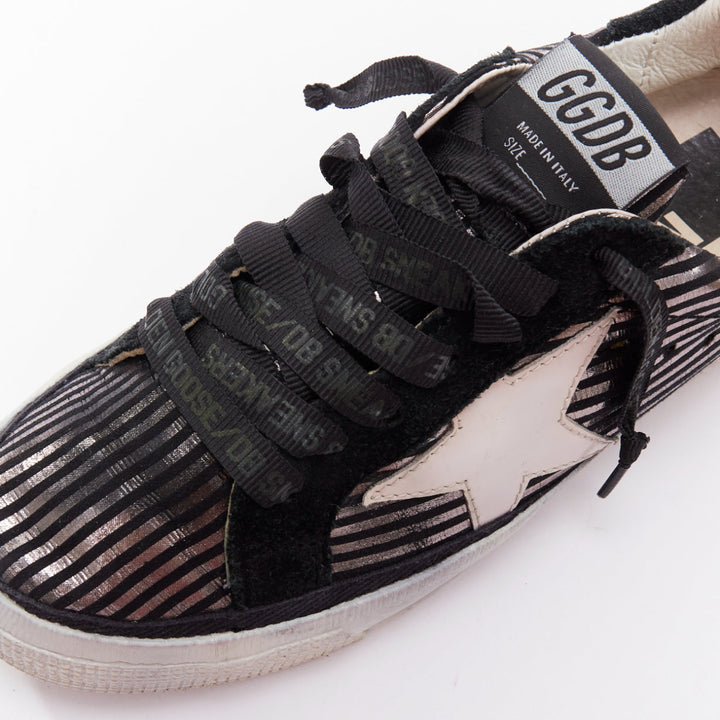 GOLDEN GOOSE Fancy metallic silver black stripe distressed sneakers EU36