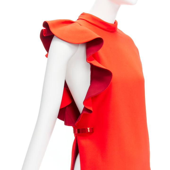 GIVENCHY 2017 Tisci Tribute red crepe metal bar ruffle cutout tunic top FR36 S