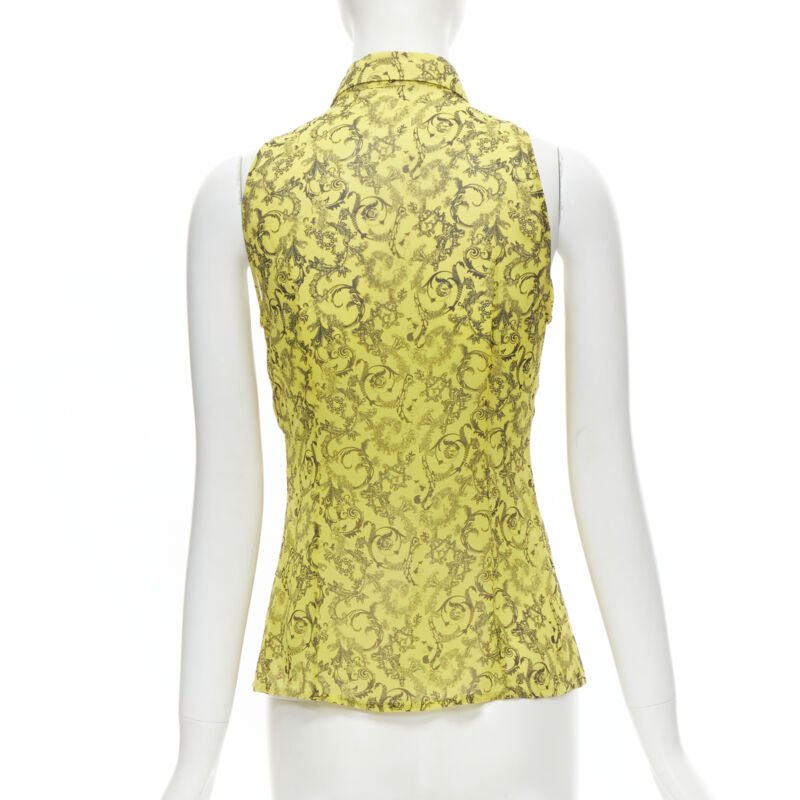 VERSACE yellow silk Baroque print dot pleated collar sleeveless shirt IT40 S