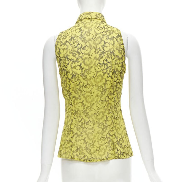 VERSACE yellow silk Baroque print dot pleated collar sleeveless shirt IT40 S