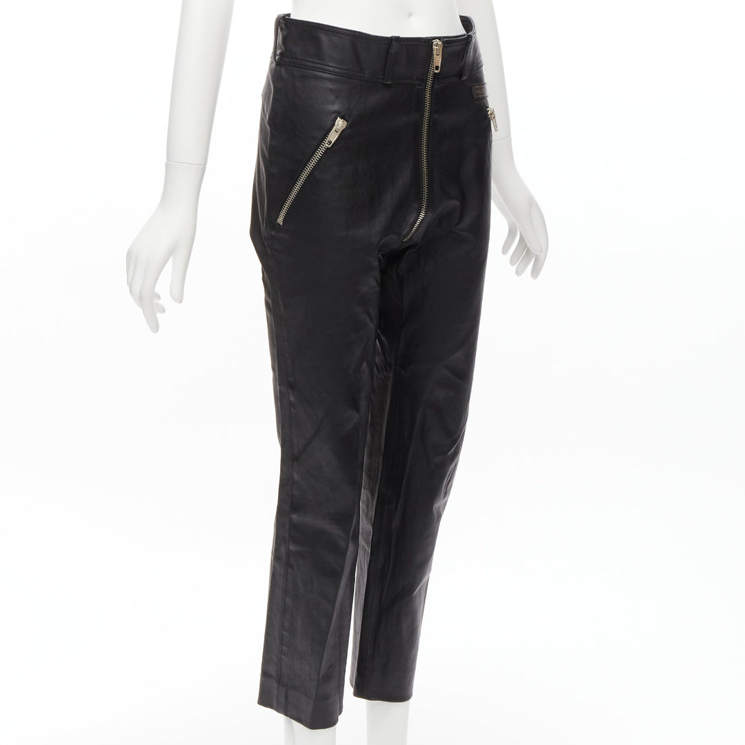 BALENCIAGA Demna 2017 logo patch silver zip cropped moto leather pants FR40 L