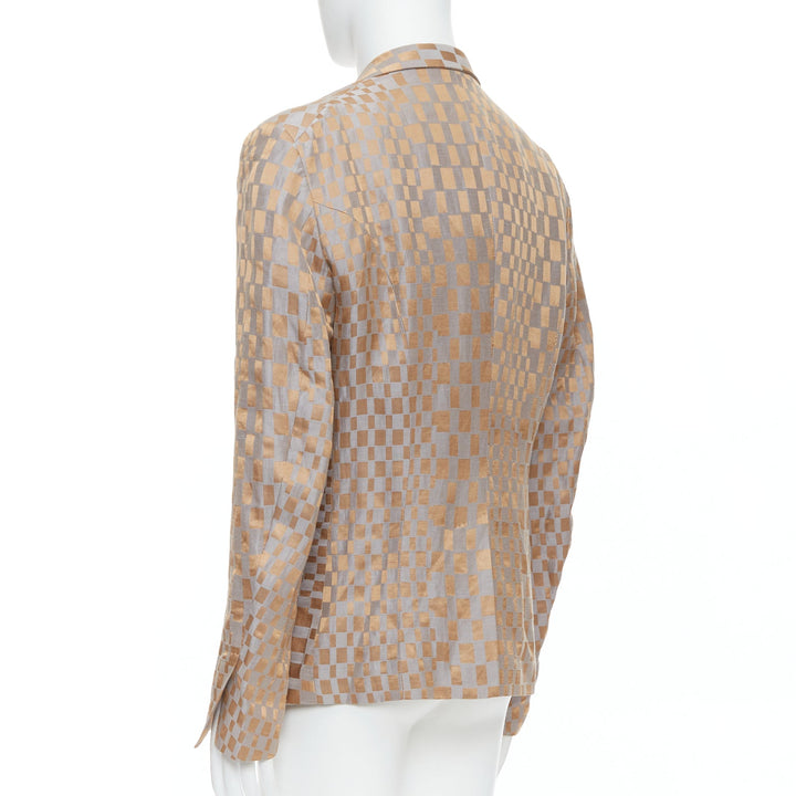 rare HAIDER ACKERMANN 2015 Runway gold silver checkered linen silk blazer XL