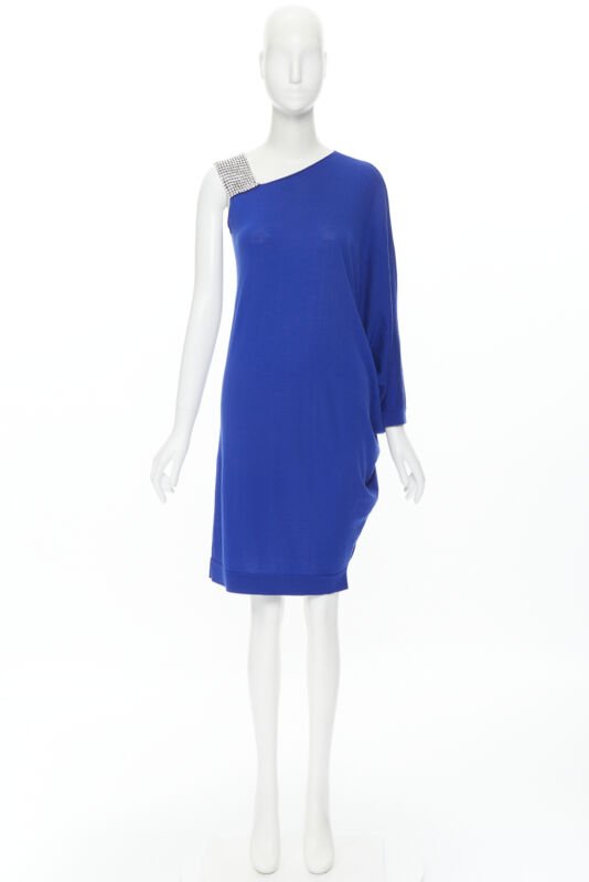 BALMAIN blue wool crystal rhinestone embellished strap asymmetric dress FR36 S