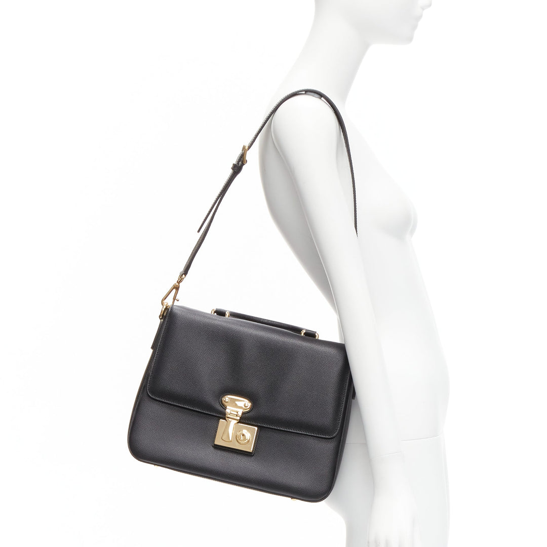 DOLCE GABBANA Miss Linda black saffiano leather gold buckle flap bag