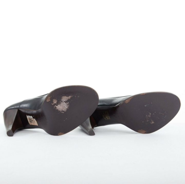 ANNE VALERIE HASH black leather round toe stacked chunky heel shoes EU37 US7 UK4