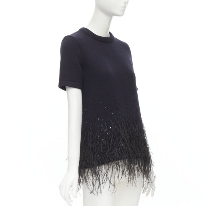 MICHAEL KORS COLLECTION navy feather sequins embellished cashmere sweater XS