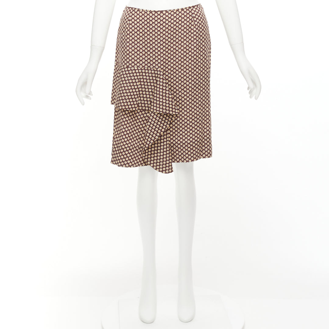 MARNI brown yellow floral silk blend ruffle drape front mid skirt IT40 S