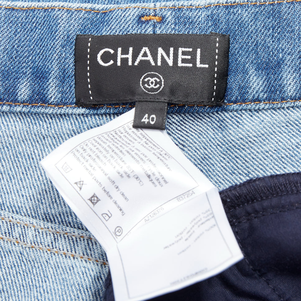 CHANEL 19A blue cotton hieroglyphics patch straight leg jeans FR40 L