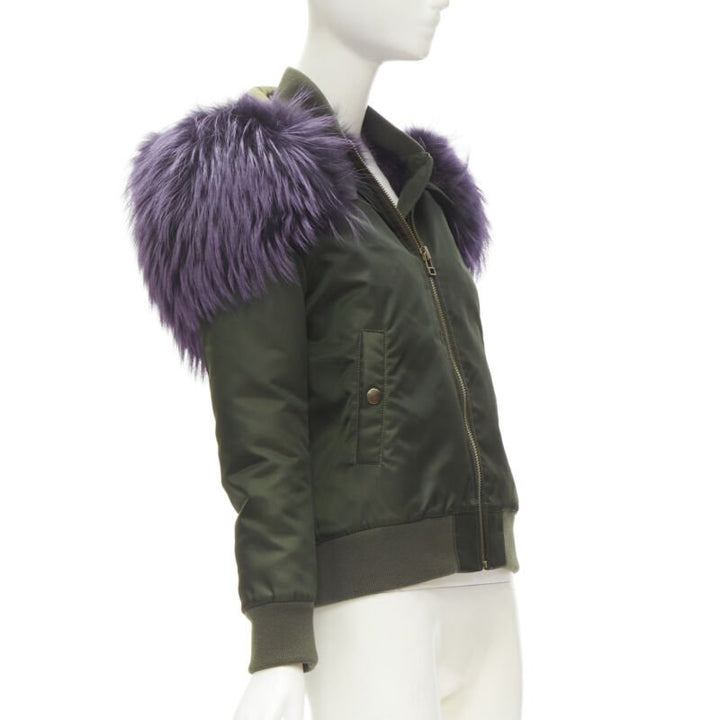 MR AND MRS ITALY green nylon purple fox fur fully lined MA-1 bomber jacket XS