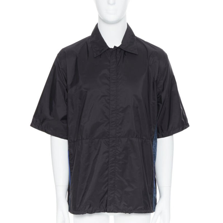 PRADA Nylon 2018 black blue stripe piping short sleeve boxy shirt L