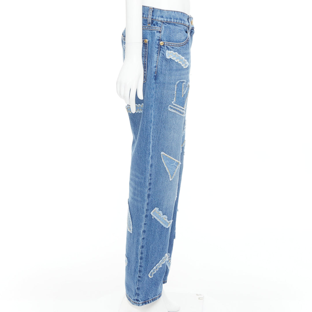CHANEL 19A blue cotton hieroglyphics patch straight leg jeans FR40 L