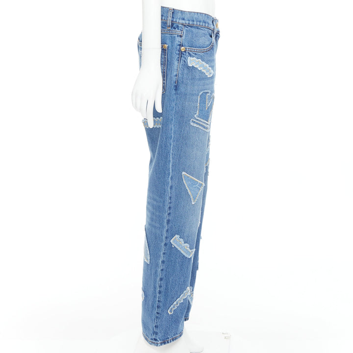 CHANEL 19A blue cotton hieroglyphics patch straight leg jeans FR40 L