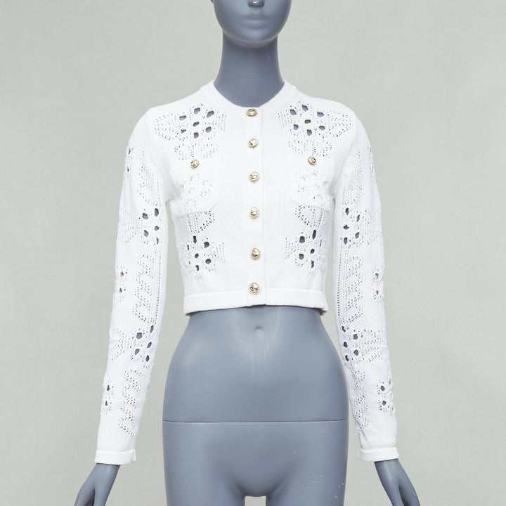 CHANEL 2021 white cotton gold CC button crochet knit cropped cardigan FR34 XS
