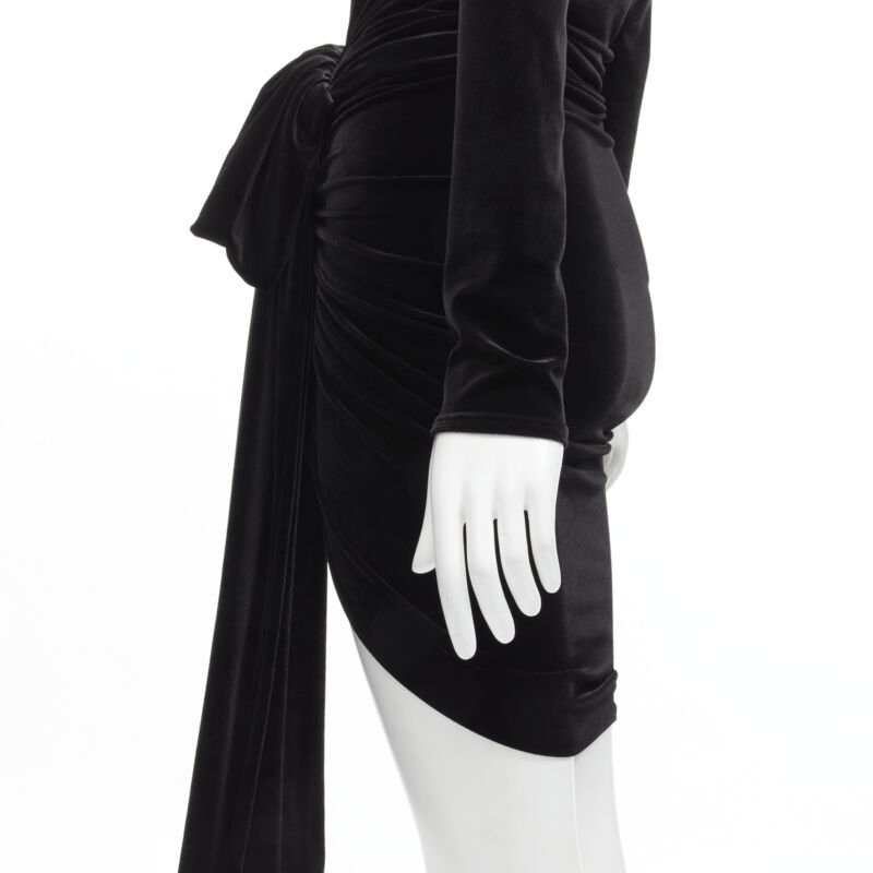 ALEXANDRE VAUTHIER black velvet plunge neck wrap bow draped mini dress FR34 XS