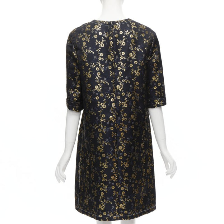 MARNI 2019 black gold blue floral jacquard cuffed sleeve trapeze dress IT40 S