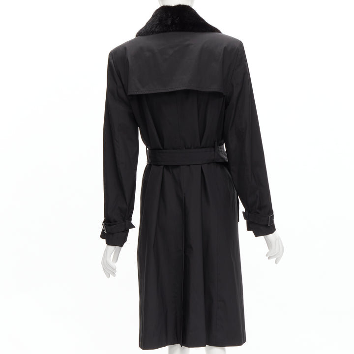 FENDI black fur collar topstitch detail silk belted trench coat jacket IT44 L