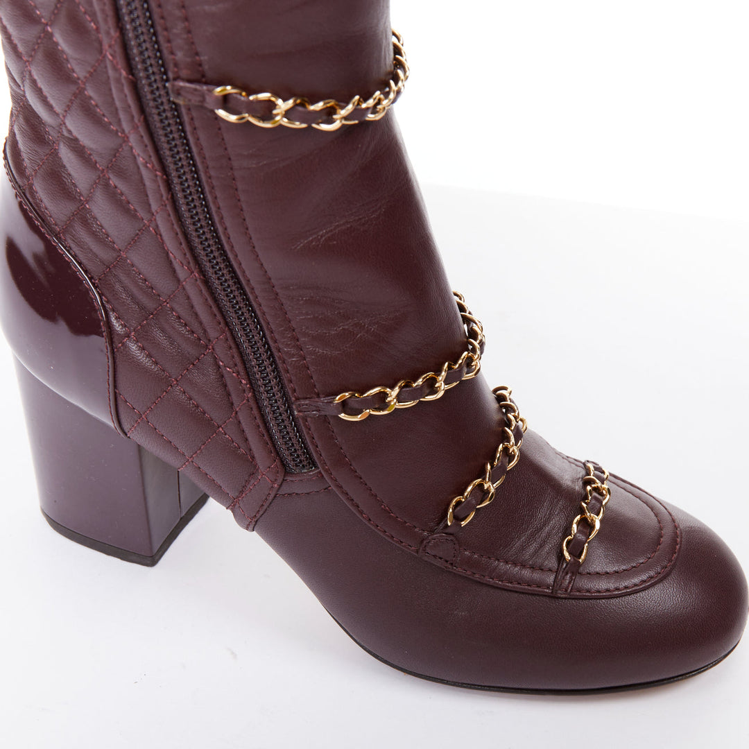CHANEL 2017 Karl Lagerfeld burgundy lambskin gold chain quilted boots EU36.5