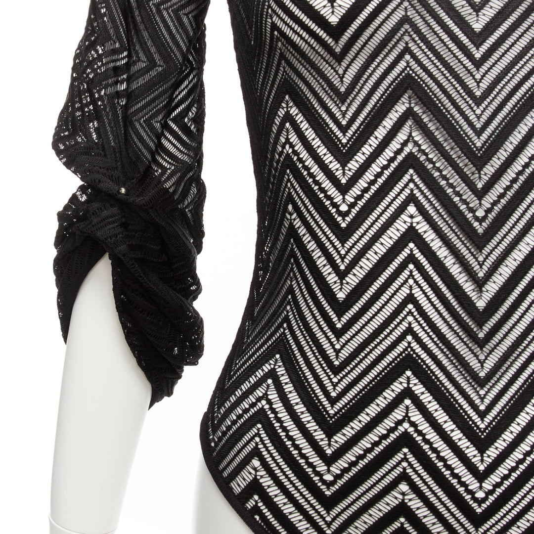 ROLAND MOURET black chevron lattice lace draped charm sleeves bodysuit top XS