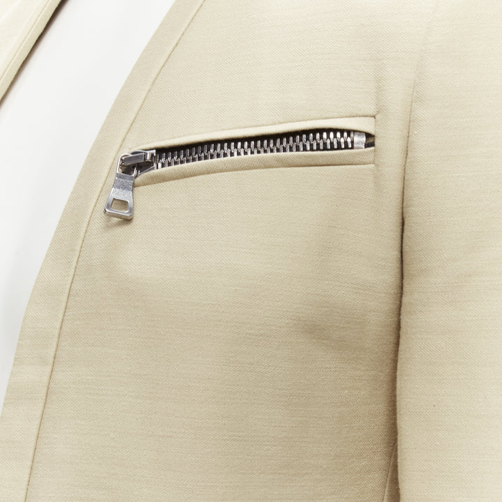 BALMAIN beige cotton military gold trim zippers cropped fitted jacket EU46 S