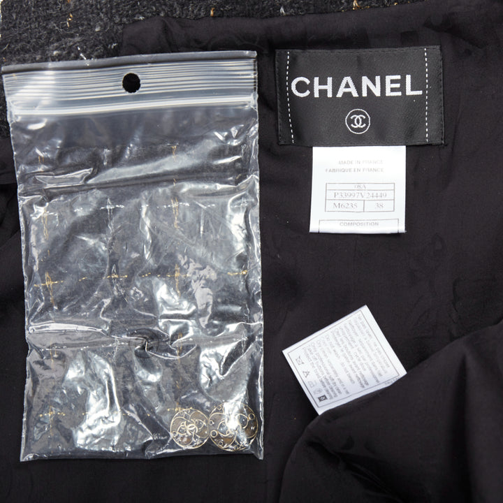 CHANEL 08A Runway Fantasy Tweed black grey silver gold wool jacket FR36 S
