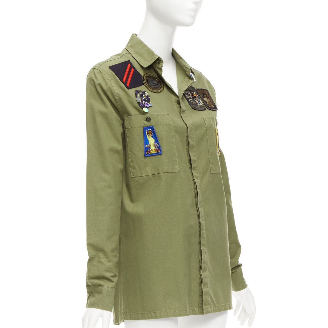 MR AND MRS ITALY khaki green beaded badges military safari shirt IT38 XS