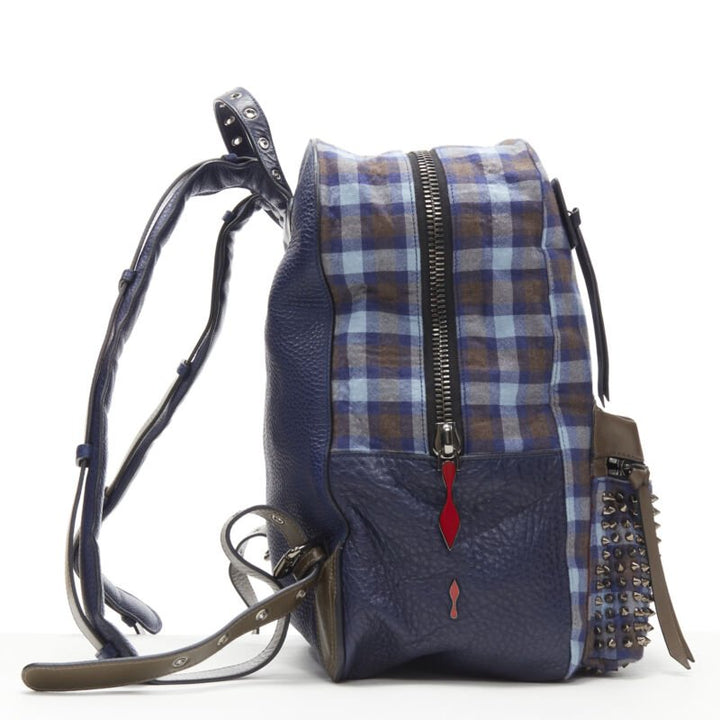 CHRISTIAN LOUBOUTIN Backloubi blue brown gingham check spike stud backpack bag
