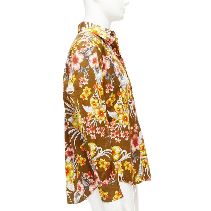 FAUSTO PUGLISI yellow tropical floral print cotton gold button shirt EU48 M