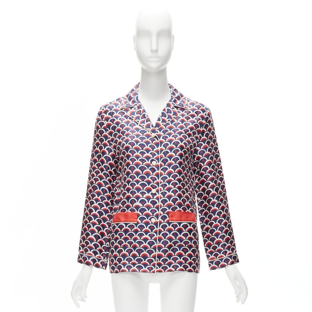 VALENTINO  100% silk Scale navy red logo print pajama shirt IT36 XXS
