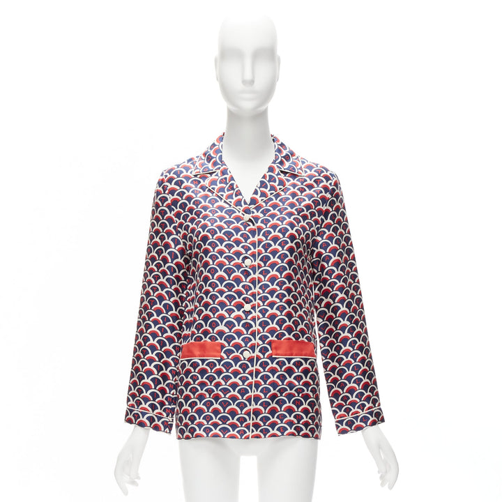 VALENTINO  100% silk Scale navy red logo print pajama shirt IT36 XXS