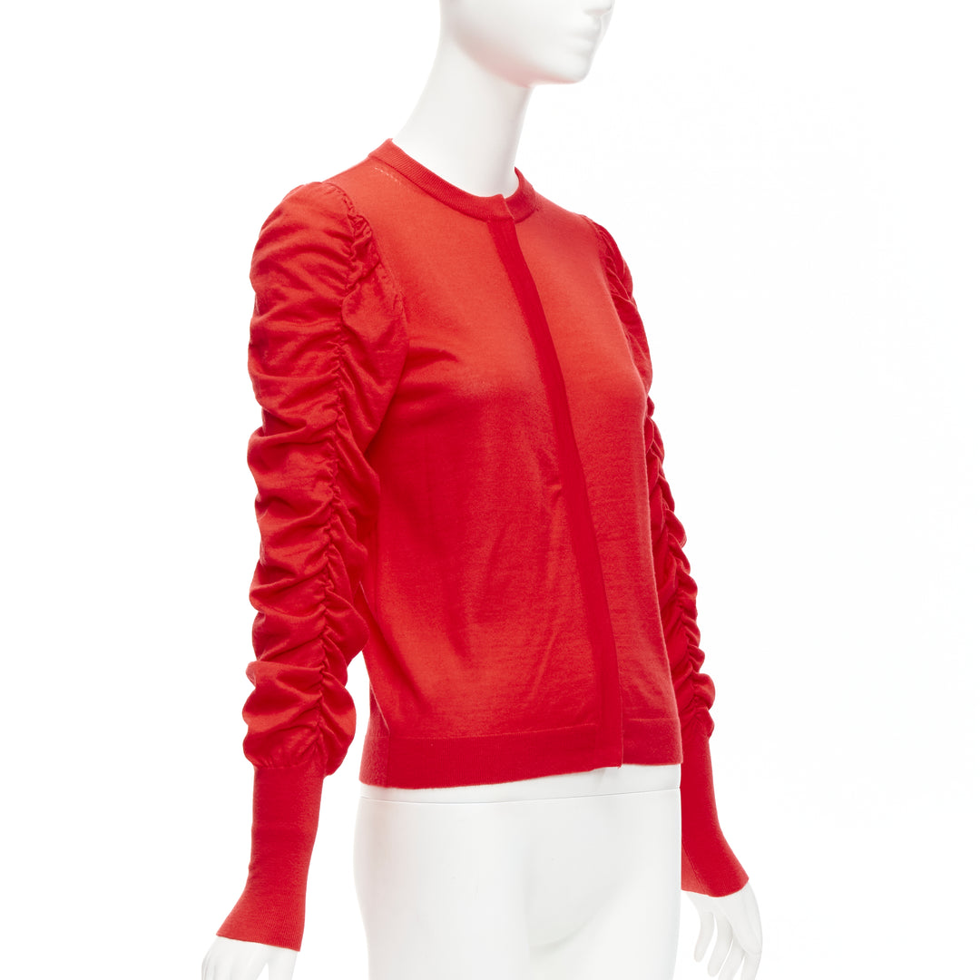 DICE KAYEK red 100% wool ruched sleeves crew neck cardigan sweater FR36 S