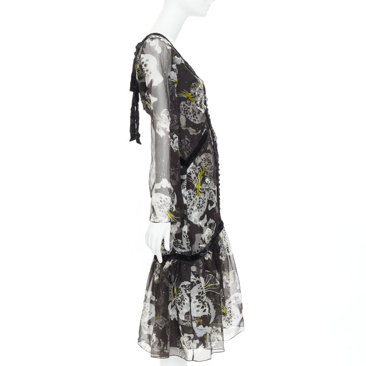 ERDEM 2016 Makayla black grey 100% silk floral back cut out  dress UK6 XS