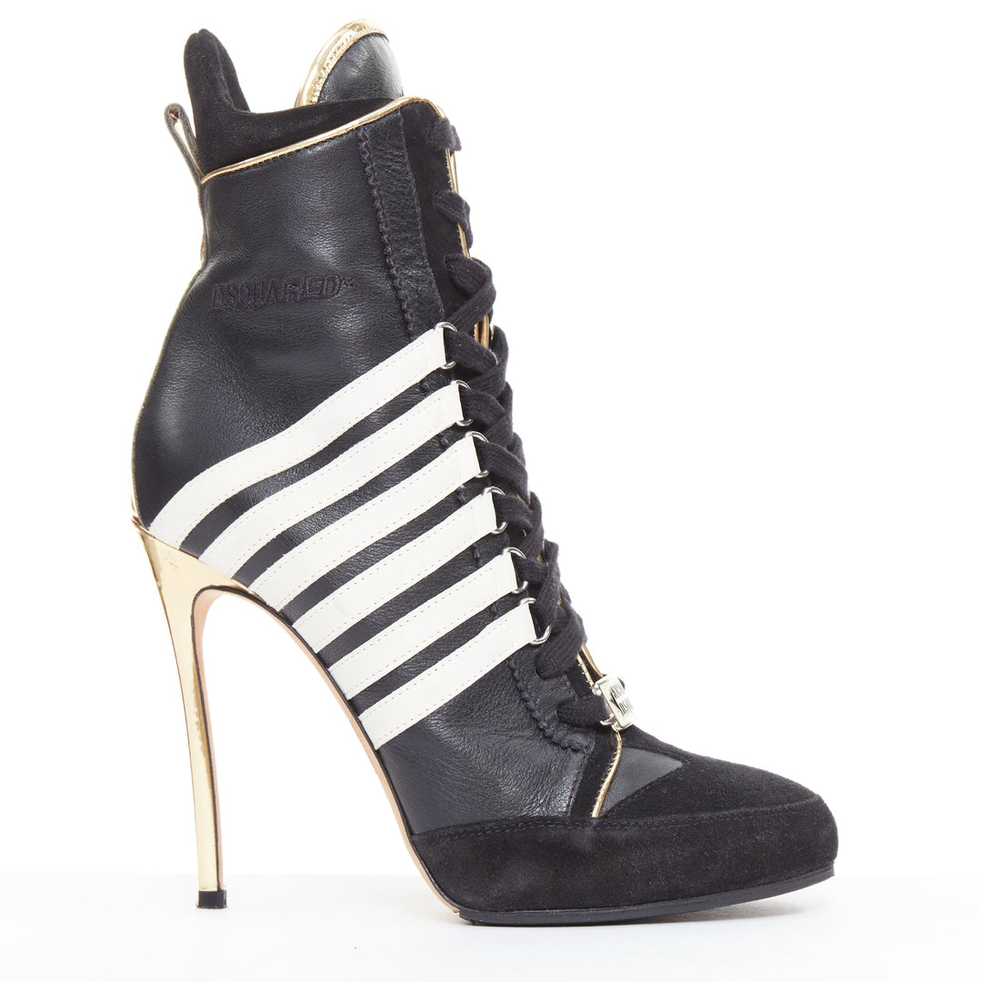 rare DSQUARED2 Vintage black white striped gold heel sneaker boots EU37