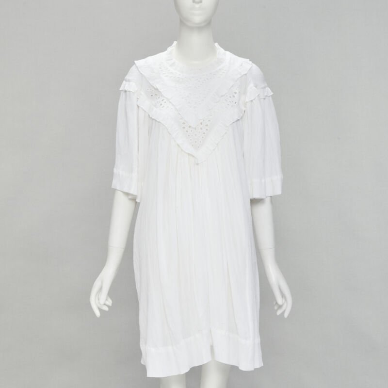 ISABEL MARANT ETOILE white viscose eyelet ruffle collar boho dress FR40 M
