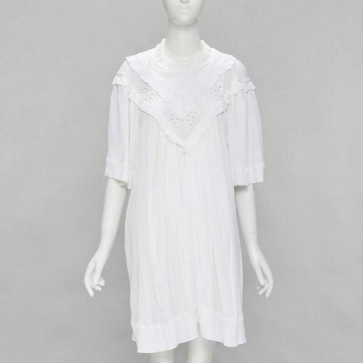 ISABEL MARANT ETOILE white viscose eyelet ruffle collar boho dress FR40 M