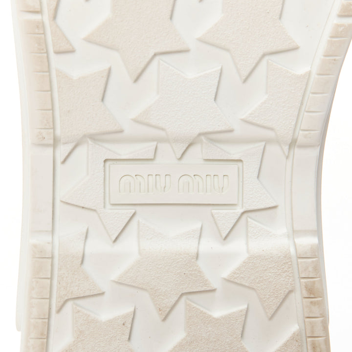 MIU MIU white leather logo tongue clear big crystal heels chunky sneakers EU38