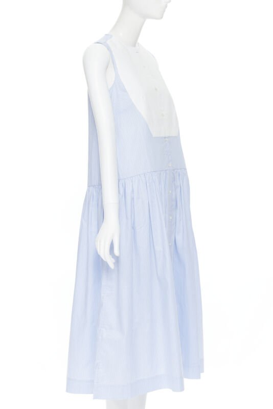 PALMER HARDING 100% cotton white bib front blue striped summer dress UK8 XS