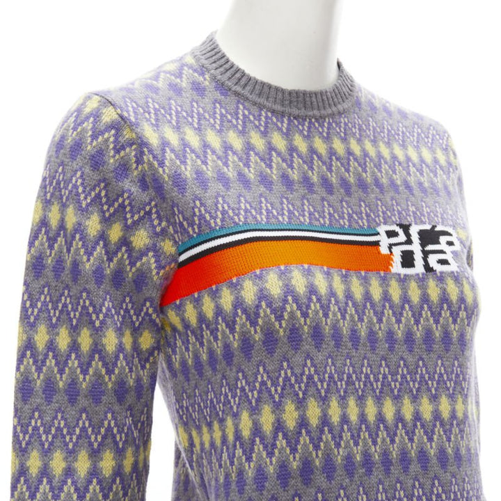 PRADA Sports Logo grey purple argyle knitted sweater S