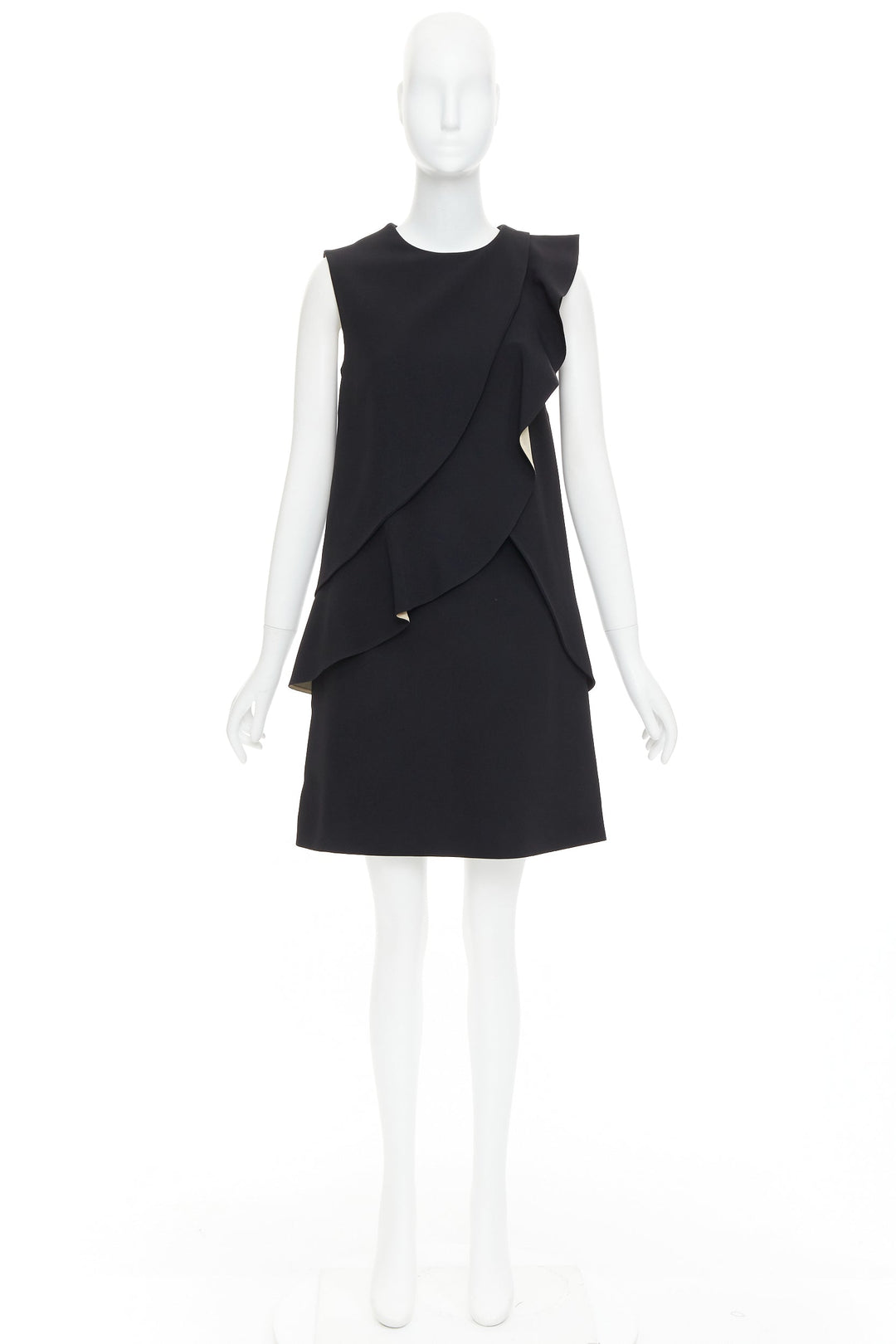 CHLOE black crepe cream silk trim asymmetric ruffle shift dress FR36 S