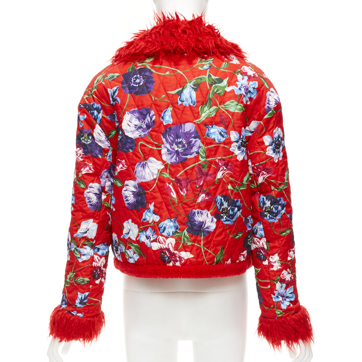 KENZO Memento reversible red purple flower print faux fur crop jacket FR34 XS