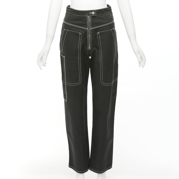 ISABEL MARANT black white cotton topstitch pocketed carpenter pants FR36 S