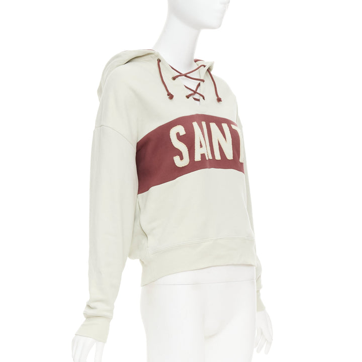 SAINT LAURENT 2022 taupe red logo applique drawstring crop hoodie XS