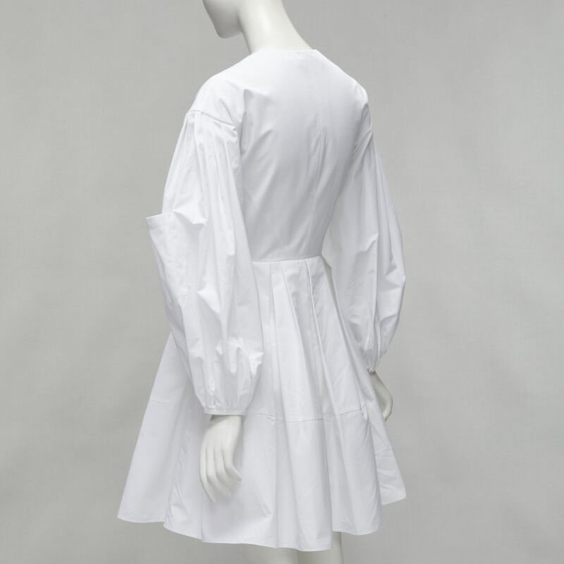 ALEXANDER MCQUEEN white cotton silver zip front puff sleeve flared dress IT36 XS